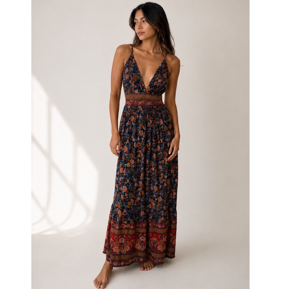 Floral Maxi Dress M Navy Orange Floral Boho V-Neck Festival Summer Bohemian sexy